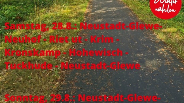 Vor dem Hintergrund eines Radweges im Wald erscheinen mit dem Logo "Winter wählen" und roter Schrift die Stationen der Tour am 28. und 29. August rum um Neustadt-Glewe.